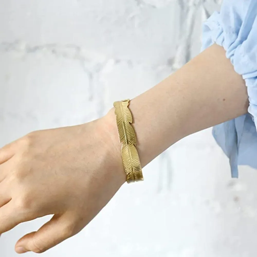 Feather Cuff Bangle Bracelet in Gold